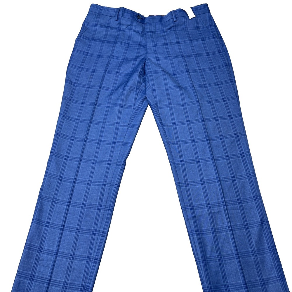 Renoir  Men's Dress Pants Vibrant Blue Windowpane Plaid Pattern 36x36‎ NWT